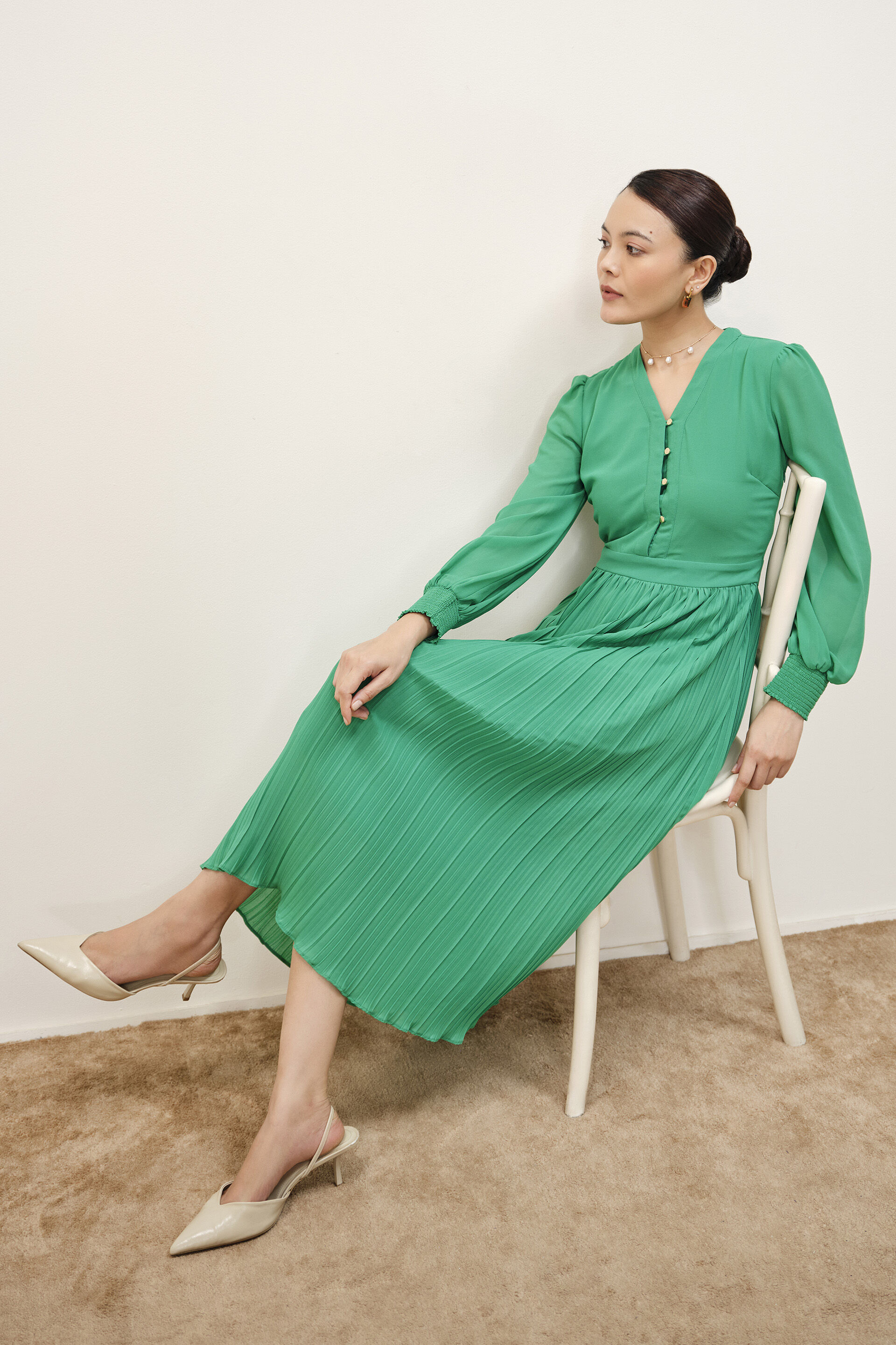 Gloria Green Pleated Dress, Green, image 4
